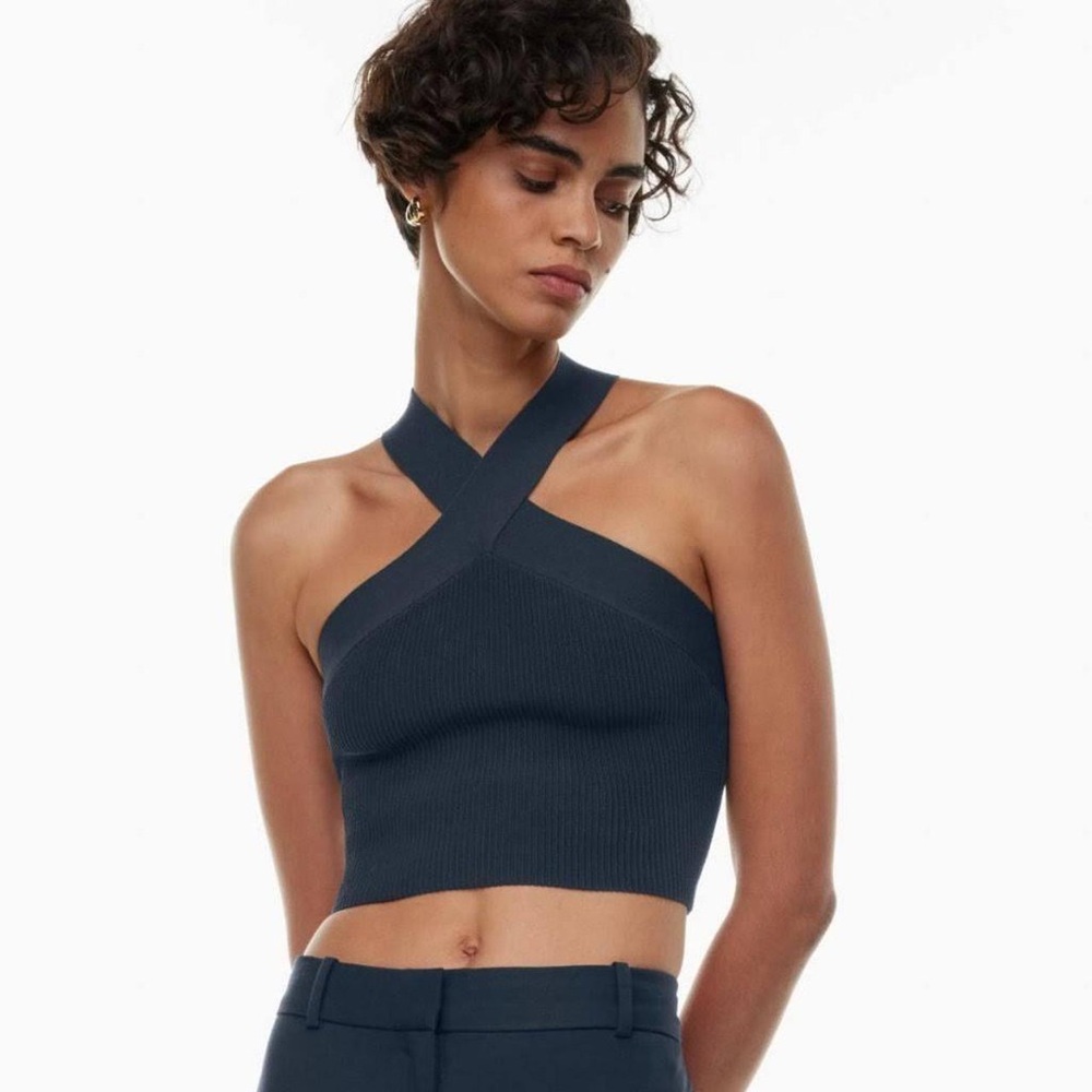 ARITZIA BABATON Sculpt Knit Criss Cross Tank Black Seamless Ribbed Top Sz XS - Picture 2 of 5
